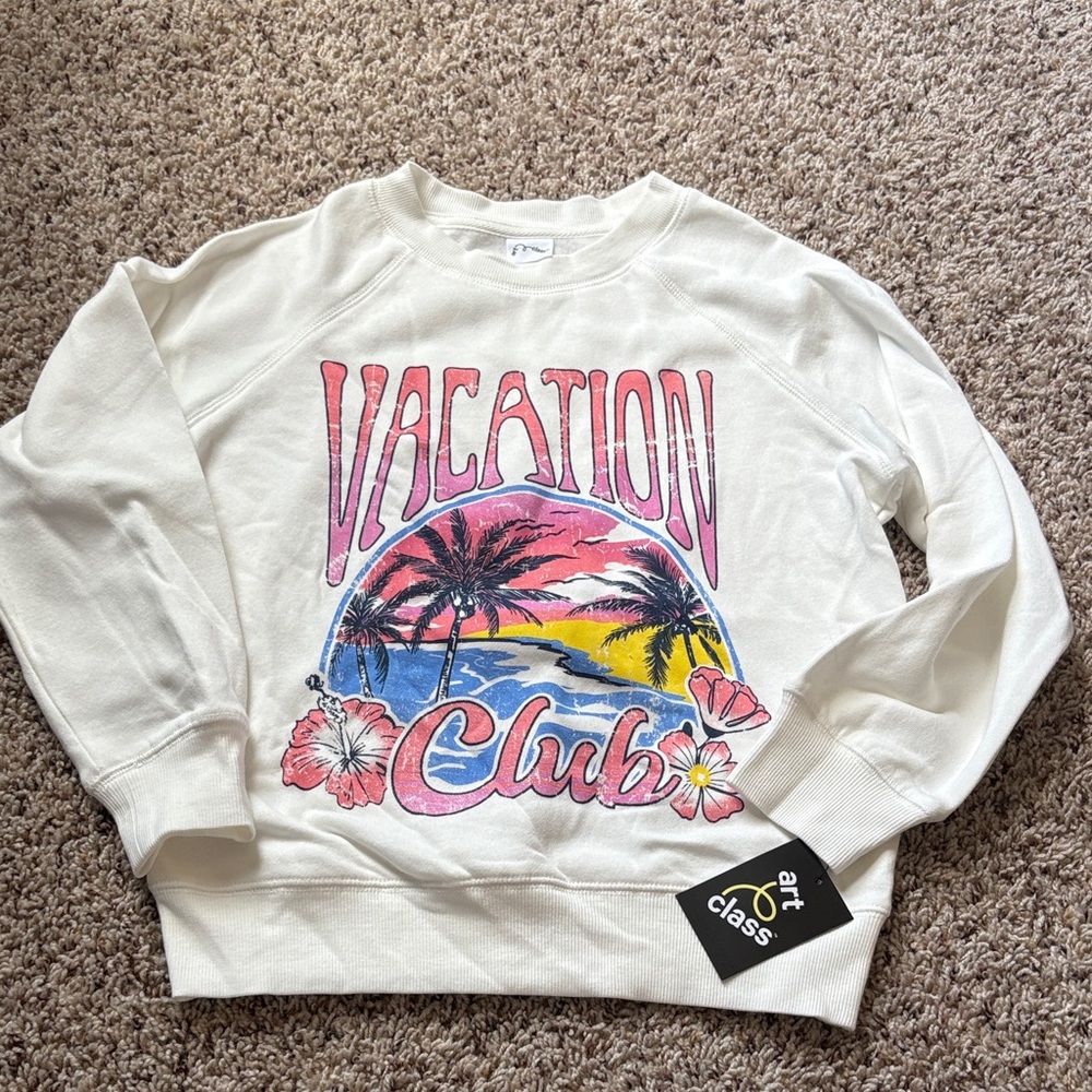 Art Class White Vacation Club Sweater with Pink and Blue Design